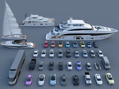 Luxury Yacht Featuring Sailboat Speedboat And Multiple Cars Trucks In 3d model