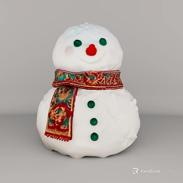 Game Movie Character Snowman With White Body Green Eyes Red Nose Patterned Scarf Green Buttons 3d model 