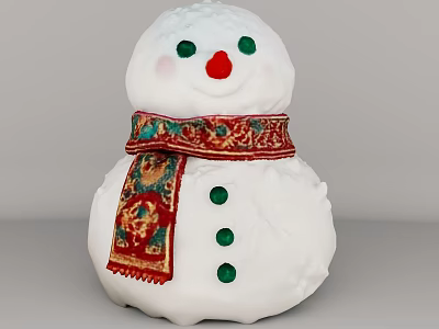 Game Movie Character Snowman With White Body Green Eyes Red Nose Patterned Scarf Green Buttons 3d model