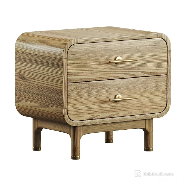 Natural Solid Wood Bedside Table With Two Drawers And Elegant Brass Handles For Bedroom Decoration 3d model 