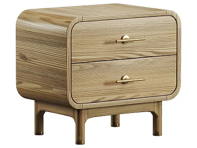 Natural Solid Wood Bedside Table With Two Drawers And Elegant Brass Handles For Bedroom Decoration 3d model