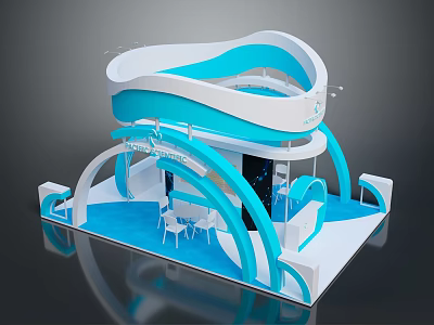 Modern Exhibition Booth Design With Blue White Curved Structure And Reception Chairs 3d model