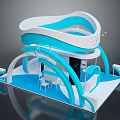 Modern Exhibition Booth Design With Blue White Curved Structure And Reception Chairs 3d model