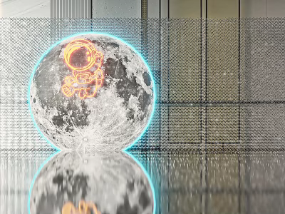 Lunar Sphere With Blue Neon Border Orange Mechanical Gears On Grid Wall Background With Reflection 3d model