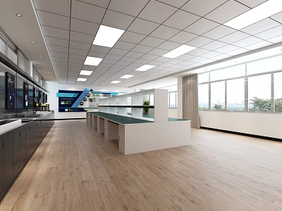 Spacious Modern Laboratory Interior Design With Long Tables Cabinets And Large Windows 3d model