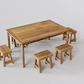 Simple Traditional Solid Wood Rectangular Table With Four Matching Stools 3d model