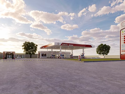 Modern Sinopec Gas Station Exterior View With Spacious Pavement And Green Trees Under Bright Sky 3d model