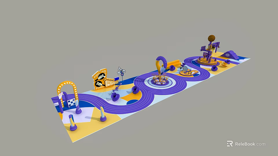 Colorful Kids Playground Photo Spot With Purple Yellow Tracks Pirate Ship And Spin Rides 3d model 