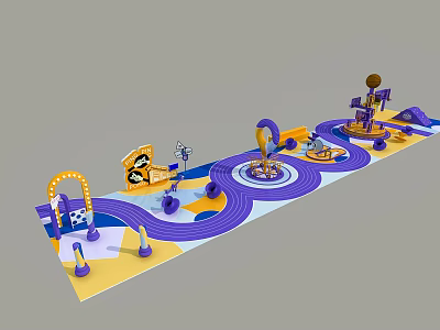 Colorful Kids Playground Photo Spot With Purple Yellow Tracks Pirate Ship And Spin Rides 3d model