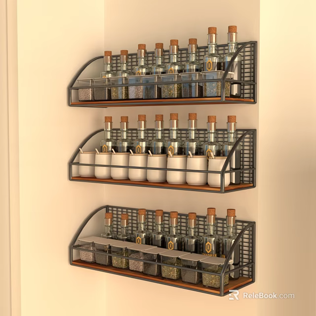 Neatly Organized Spice Bottles Storage In Wall Mounted Kitchen Racks 3d model 