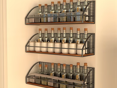 Neatly Organized Spice Bottles Storage In Wall Mounted Kitchen Racks 3d model