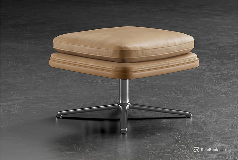 Tan Leather Cushioned Sofa Stool With Metal Cross Shaped Base 3d model 