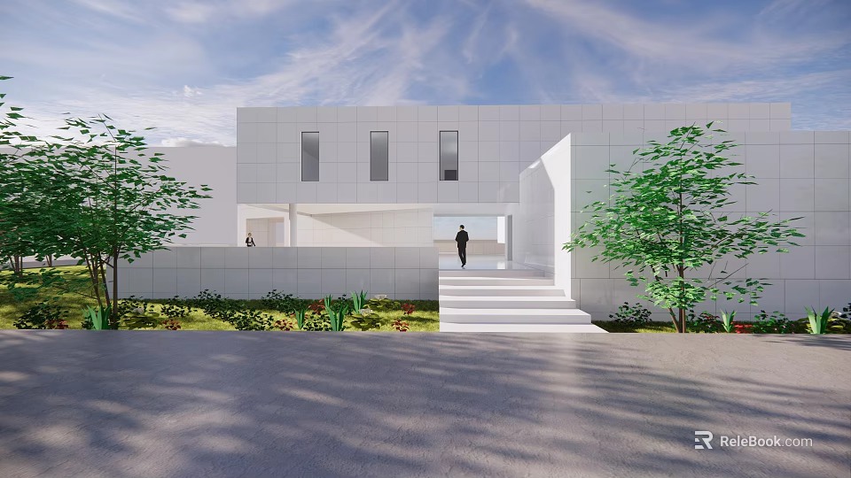 Modern White Building Exterior Design With Minimalist Staircase And Green Trees 3d model 