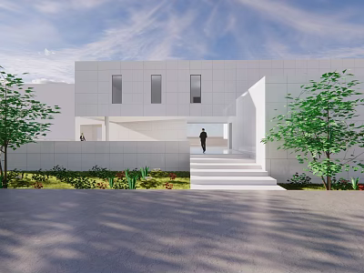 Modern White Building Exterior Design With Minimalist Staircase And Green Trees 3d model