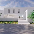 Modern White Building Exterior Design With Minimalist Staircase And Green Trees