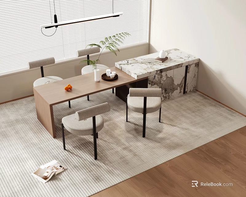 Modern Bar Counter With Wooden Top Marble Base Chairs Oranges Tea Set And Green Plant 3d model 