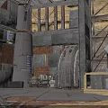 Industrial Scene Featuring Metal Structure Brick Wall Large Circular Device Ladder Pipes And Mechanical Parts