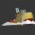 Yellow Boat With Blue Chimney Tilted On Snow Featuring Red Lifebuoy And Small Figure