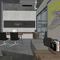 Public Office Space With White Desks Black Chairs Bookshelves And Glass Partitions