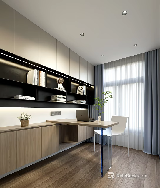 Modern Study Room Interior With Wall Bookshelves Laptop Desk And Potted Plant Curtains 3d model 