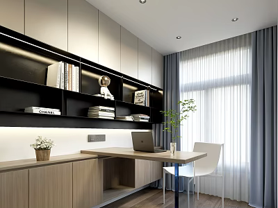 Modern Study Room Interior With Wall Bookshelves Laptop Desk And Potted Plant Curtains 3d model