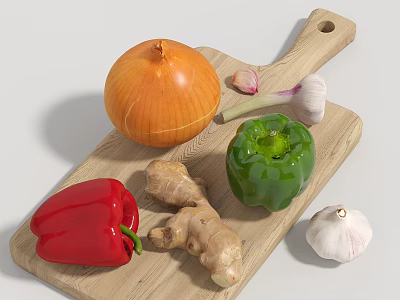 Fresh Vegetables Onion Garlic Red Bell Pepper Ginger Green Bell Pepper On Wooden Cutting Board 3d model