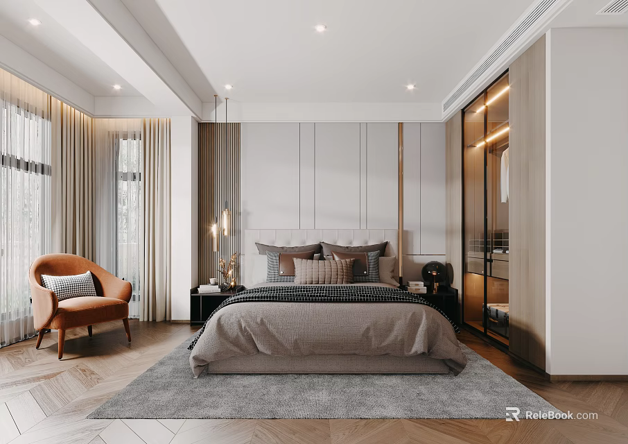 Modern Bedroom Interior Design With Cozy Bed Accent Chair Area Rug And Glass Wardrobe 3d model 