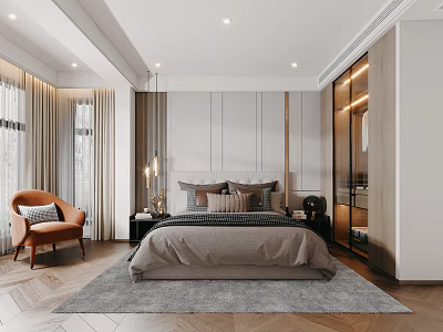 Modern Bedroom Interior Design With Cozy Bed Accent Chair Area Rug And Glass Wardrobe 3d model