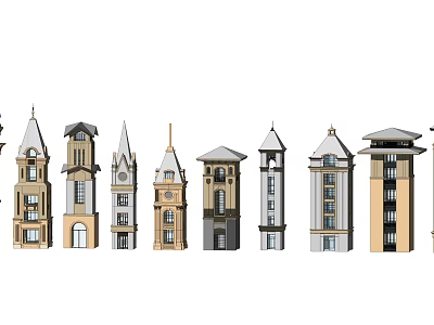 Diverse Architectural Tower Designs Featuring Varied Styles And Structural Details 3d model