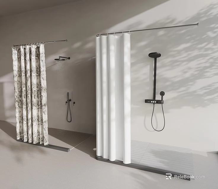 Bathroom Shower Curtains With Patterned And White Styles And Black Wall Mounted Fixtures 3d model 