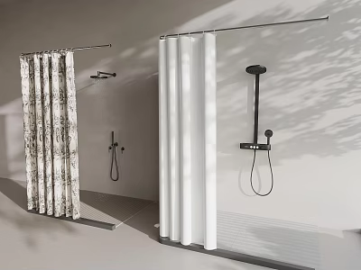 Bathroom Shower Curtains With Patterned And White Styles And Black Wall Mounted Fixtures 3d model