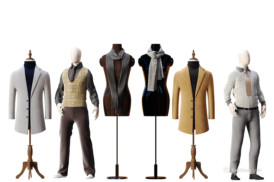 Six Various Styles Fashion Mannequins Wearing Coats Vests Scarves Standing On Display Stands 3d model 