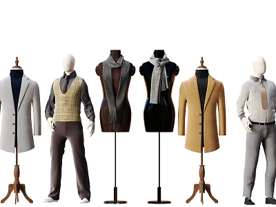 Six Various Styles Fashion Mannequins Wearing Coats Vests Scarves Standing On Display Stands 3d model