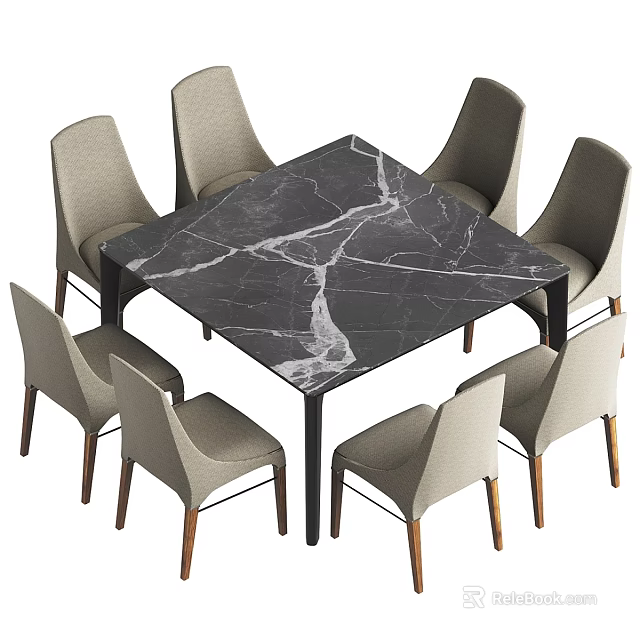 Square Black Marble Tabletop Dining Set With Light Gray Wooden Leg Chairs 3d model
