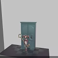 Pink-haired Character Holding Large Key Standing by Blue Double Door on Black and White Checkered Floor