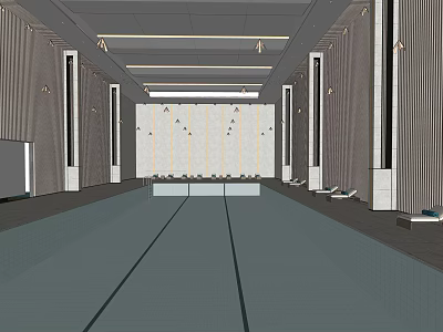 Spacious Indoor Swimming Pool Interior With Lane Lines Ceiling Lighting And Smooth Wall Design 3d model