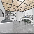 Modern Open Public Office Space Featuring White Desks Computers Glass Partitions Blinds And Plants