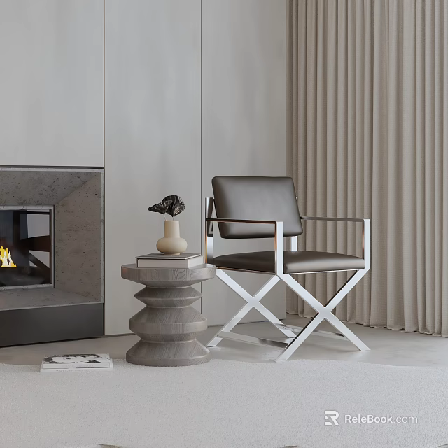 Elegant Modern Leather Accent Chair With Metal Frame And Side Table Near Fireplace 3d model 