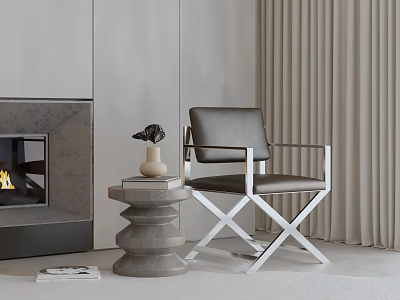 Elegant Modern Leather Accent Chair With Metal Frame And Side Table Near Fireplace 3d model