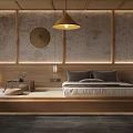 Japanese Style Hotel Guest Room With Wooden Ceiling Large Windows Green View Cozy Bed And Bathtub