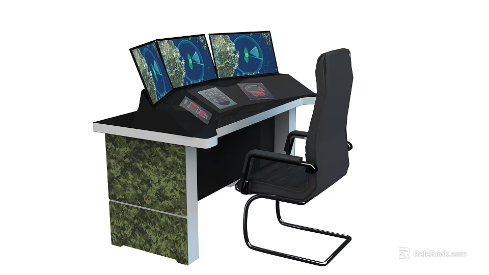 Control Console Workstation With Multiple Screens Black Chair And Camouflage Cabinet 3d model 