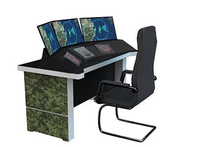 Control Console Workstation With Multiple Screens Black Chair And Camouflage Cabinet 3d model