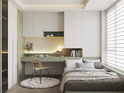 Modern Tatami Bedroom Interior With Desk Chair Window Blinds And Green Plant 3d model