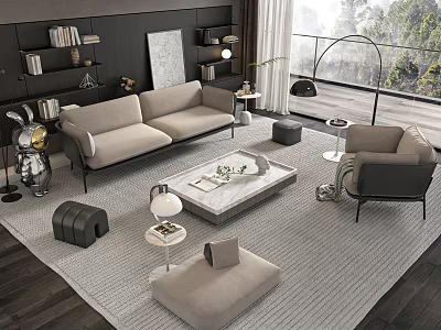 Modern Living Room Interior With Sofa Coffee Table Set Armchair Footstool And Floor Lamp 3d model
