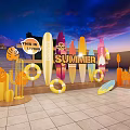 Summer Themed Decorative Setup With Surfboards Inflatable Rings And Palm Leaves