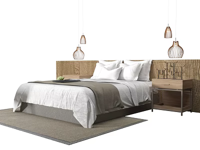 Double Bed with Rattan Headboard White Gray Bed Sheets Bedside Table Pendant Lights and Rug 3d model