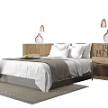 Double Bed with Rattan Headboard White Gray Bed Sheets Bedside Table Pendant Lights and Rug