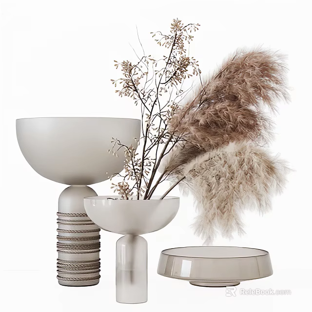 Modern White Ceramic Vases With Decorative Dried Pampas Grass And Reed Flowers 3d model 