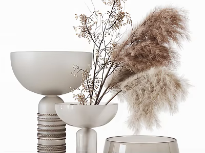 Modern White Ceramic Vases With Decorative Dried Pampas Grass And Reed Flowers 3d model