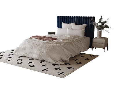 Kids Bed With Navy Tufted Headboard White Pillows Soft Comforter Nightstand And Cross Pattern Rug 3d model